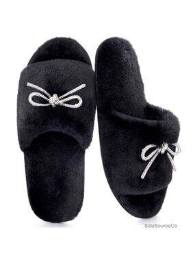 Fuzzy Faux Fur Open Toe Slide Slippers with Rhinestone Bow